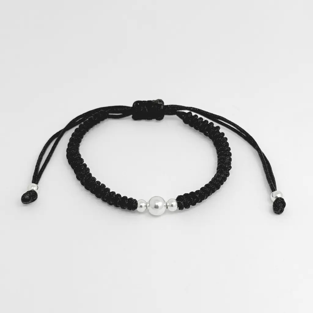 Pulsera en plata ley 925 cordón ajustable negros balines.webp