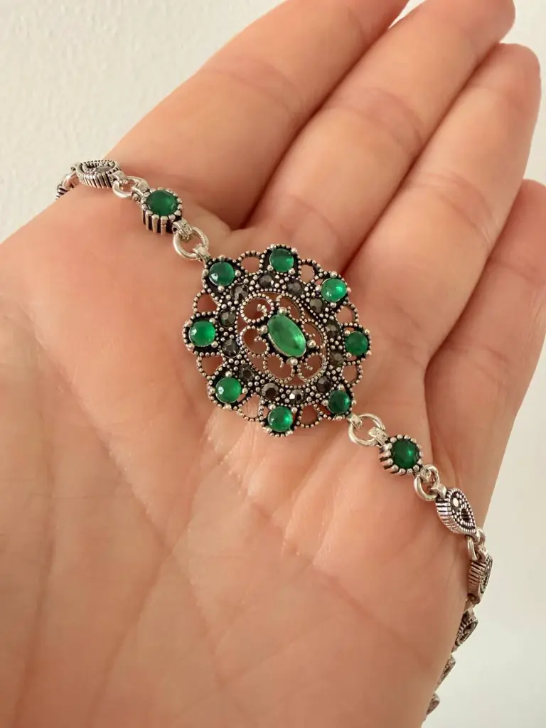 Pulsera plata 925 quemada cristales verdes marquesita.webp