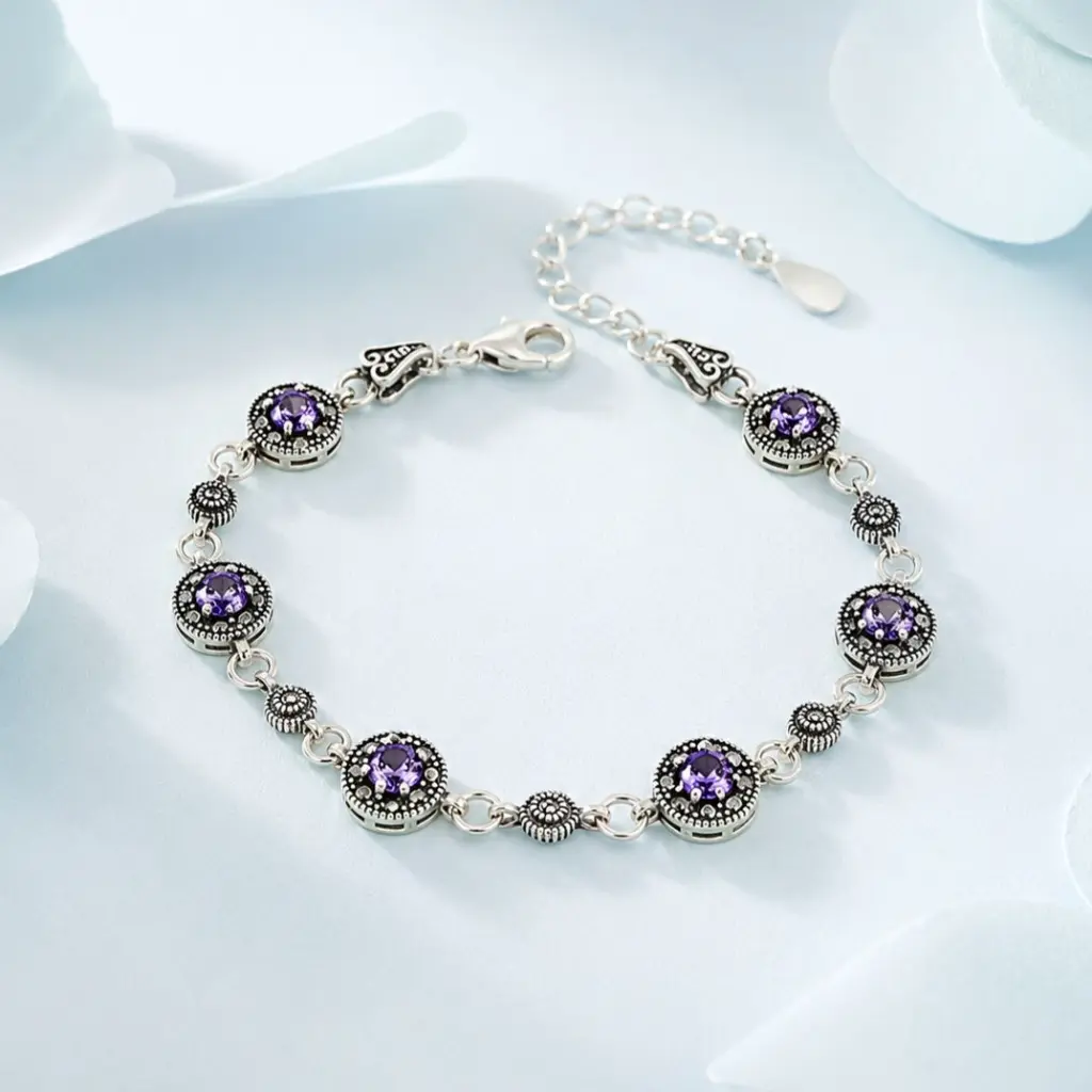 PULSERA PLATA QUEMADA CRISTALES VIOLETAS.webp