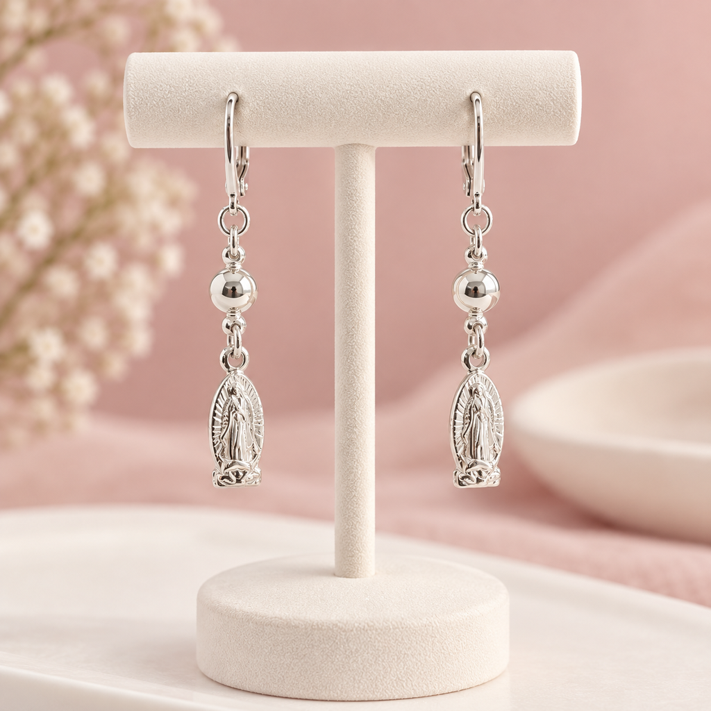 Aretes en plata ley 925 largos dije virgen guadalupe