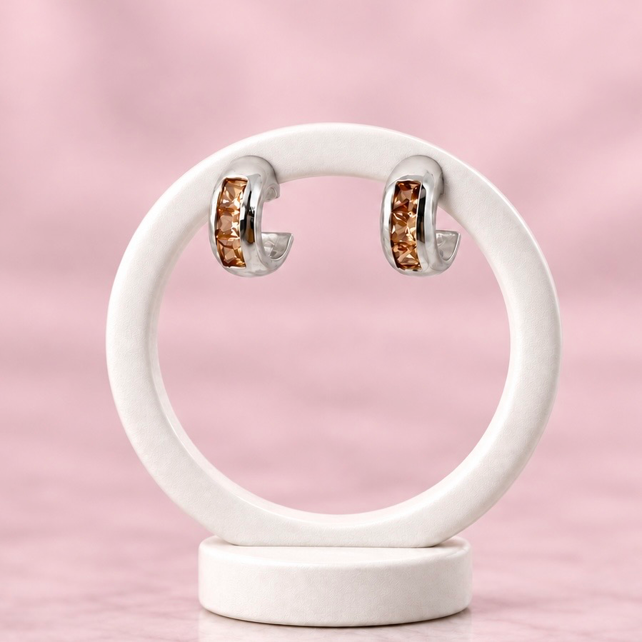 Aretes en plata ley 925 tipo argolla cristales baguette ámbar