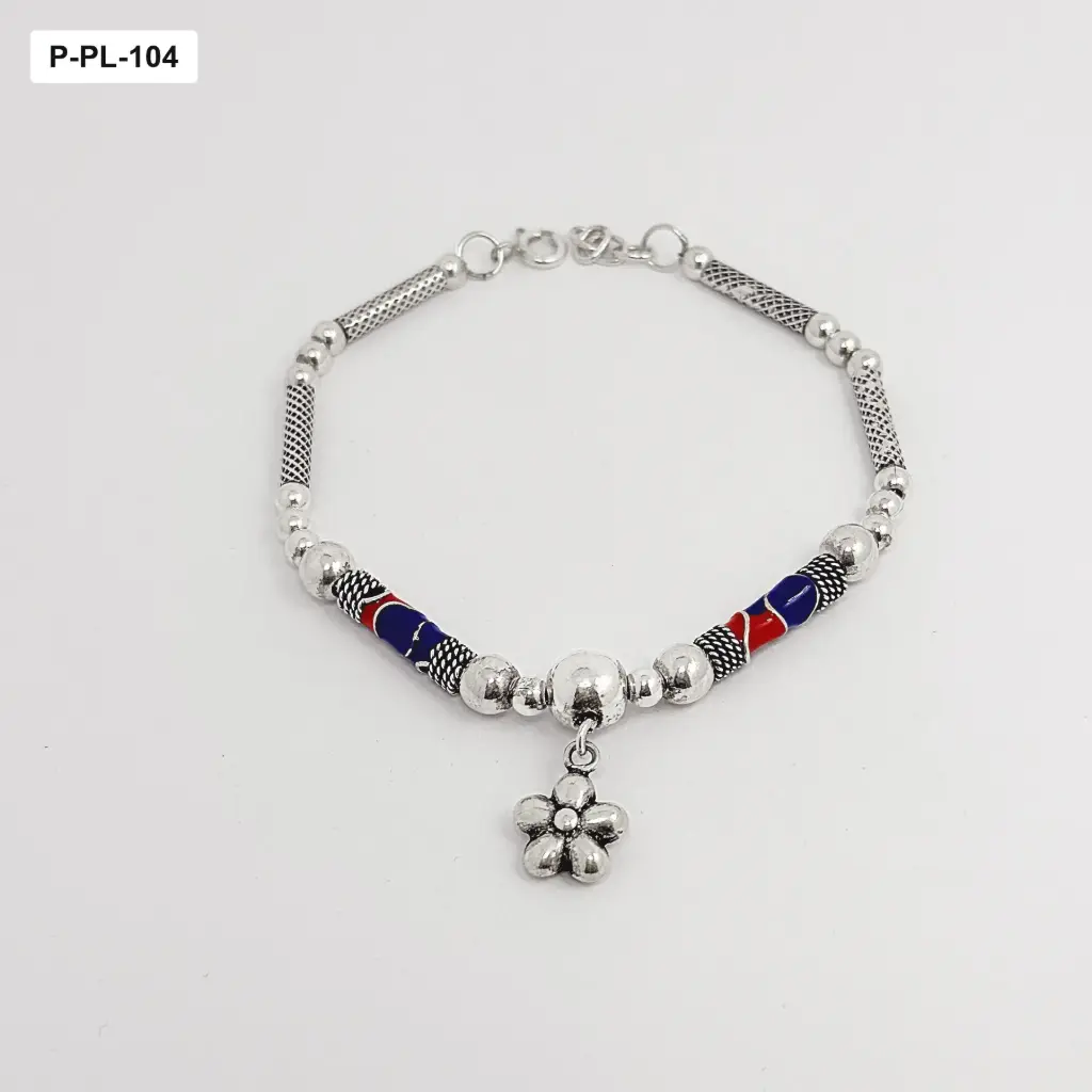 *PULSERA EN PLATA 925 ESLABONES CAÑA BOLAS FLOR Y PALO AZUL ROJO