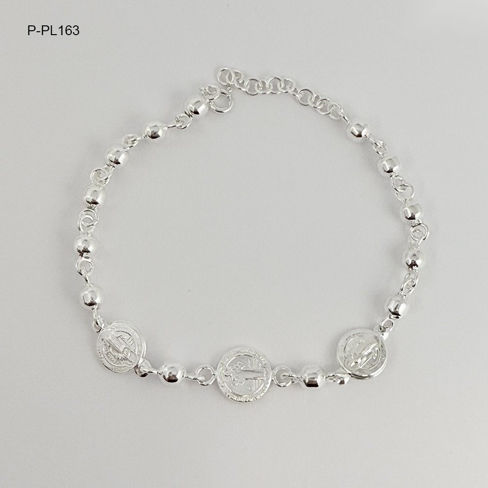 *PULSERA EN PLATA LEY 925 BOLAS MEDALLA SAN BENITO