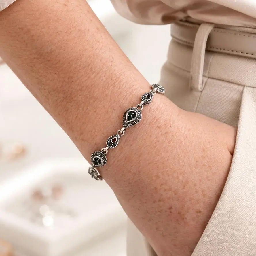 Pulseras plata quemada ley 925 gotas circones magenta / negros