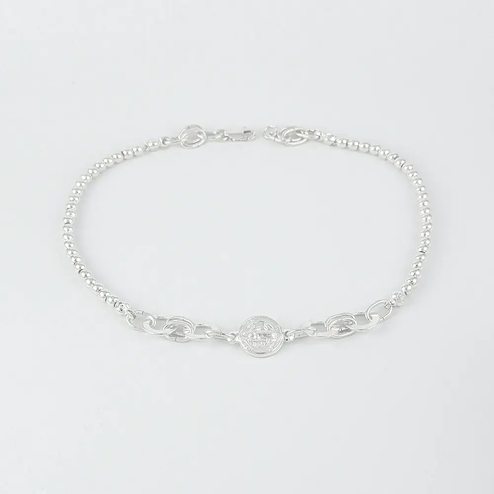 TOBILLERA PLATA 925 BOLITAS ARANDELAS MEDALLA SAN BENITO