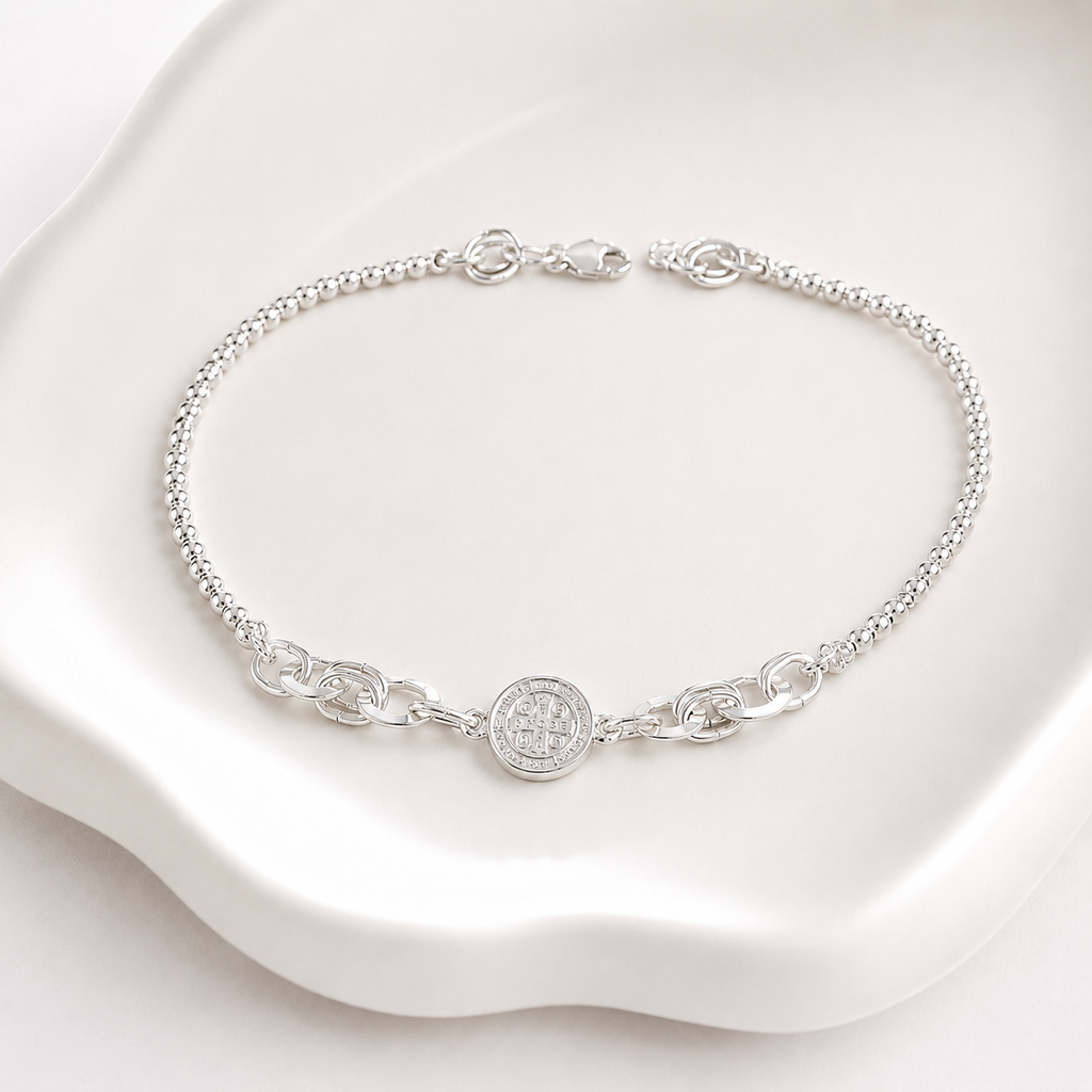 Tobillera plata 925 bolitas arandelas medalla san benito