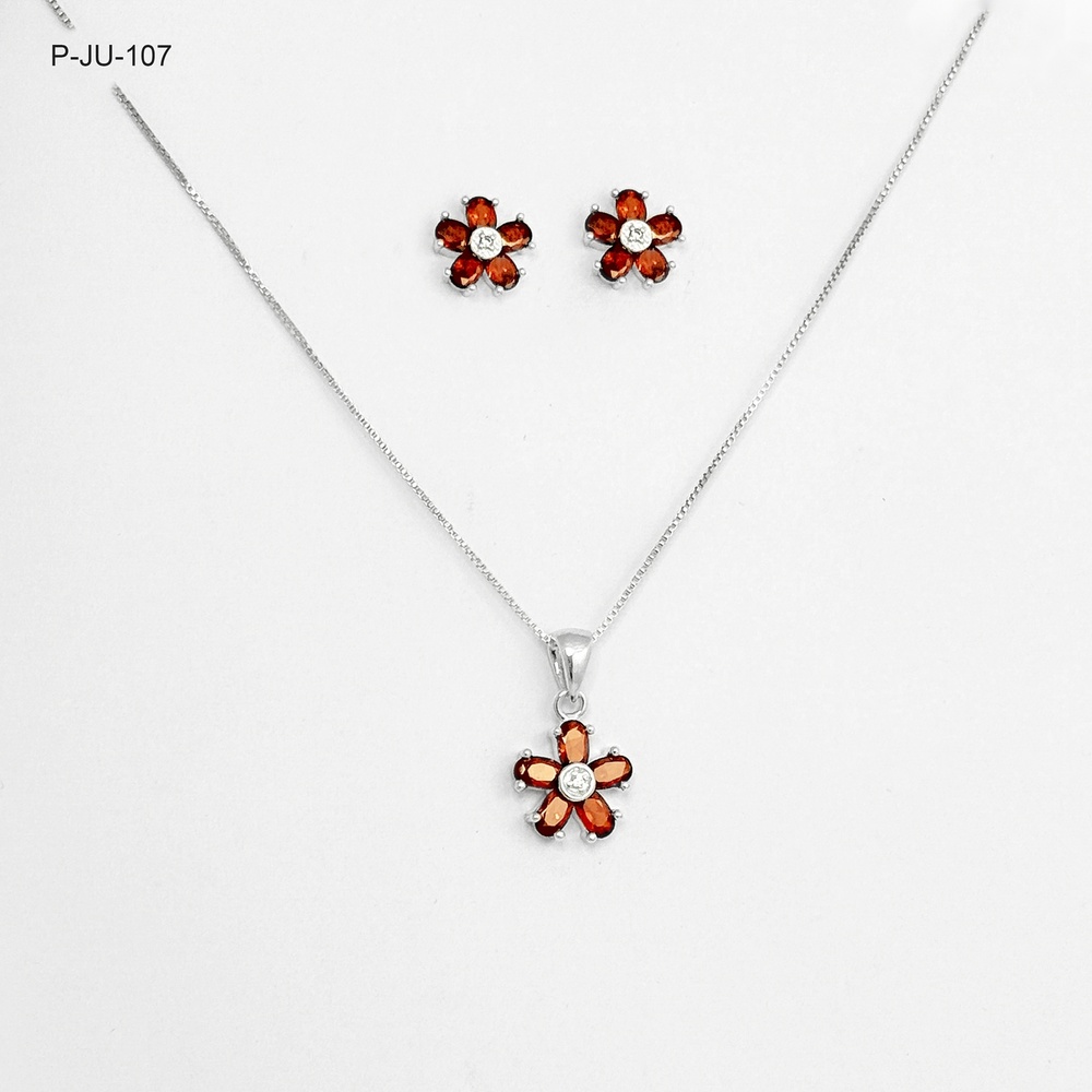*JUEGO PLATA 925 FLOR CIRCONES ESCARLATA