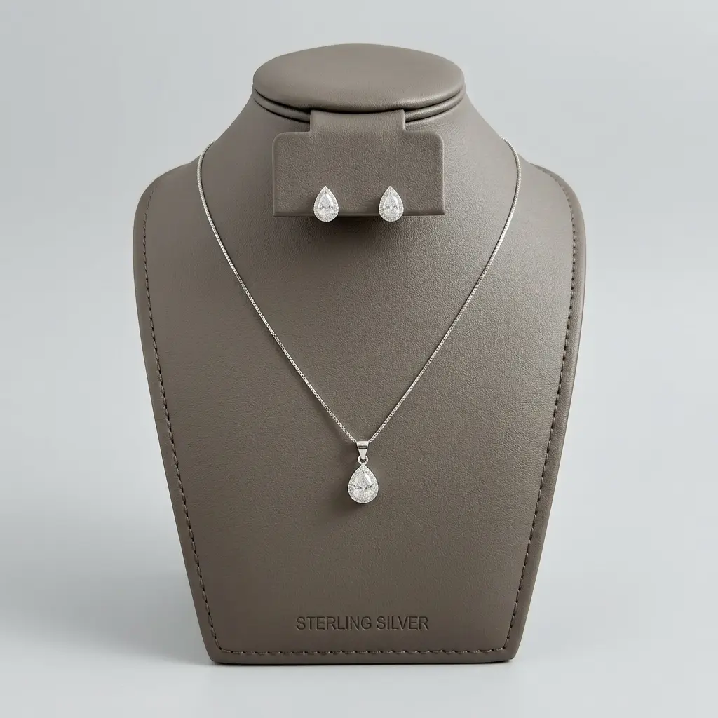 Juego en Plata ley 925 ovalado cristal blanco + cadena 45 cm