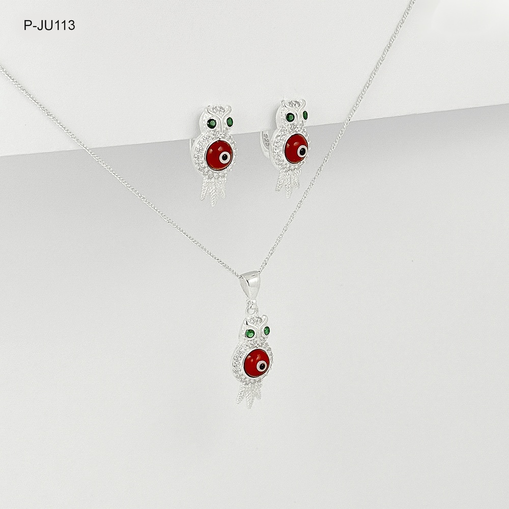 *JUEGO PLATA 925 BUHO ROJO CIRCONES VERDES