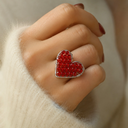 Anillo en acero silver ajustable corazón cristales rojos tejido a mano