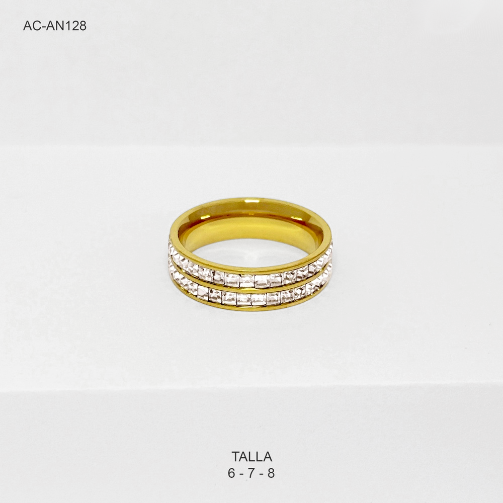 *ANILLO EN ACERO GOLD ARO DOBLE CRISTALES