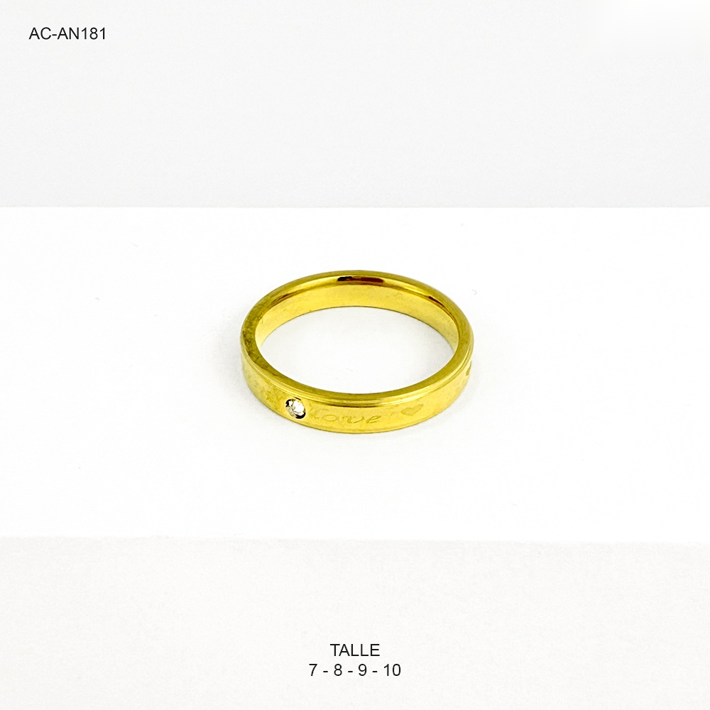 Anillo en Acero Inoxidable Gold Aro liso tipo alianza grabado "LOVE" circón