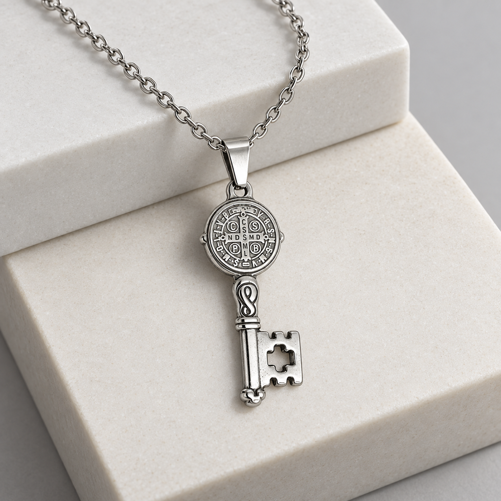 Cadena con dije en acero silver llave san benito 50 cm