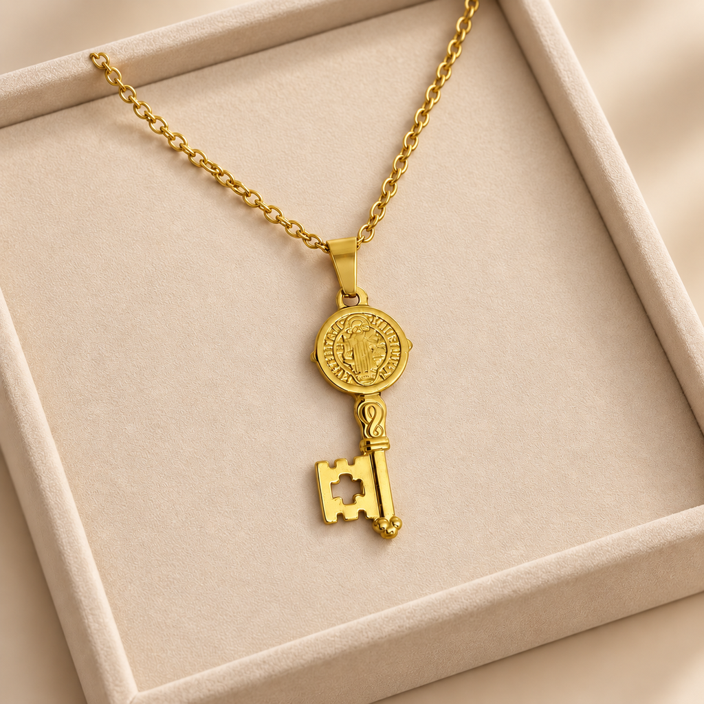 Cadena con dije en acero gold llave san benito