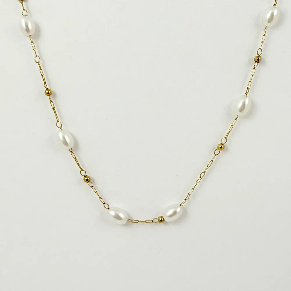 *COLLAR EN ACERO GOLD DOBLE PERLAS / BOLITAS