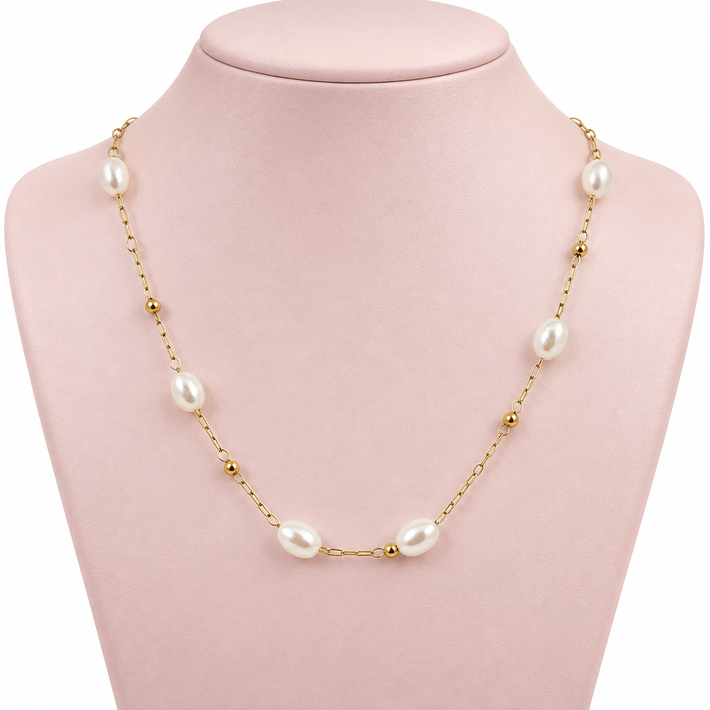 Collar en acero gold doble perlas / bolitas