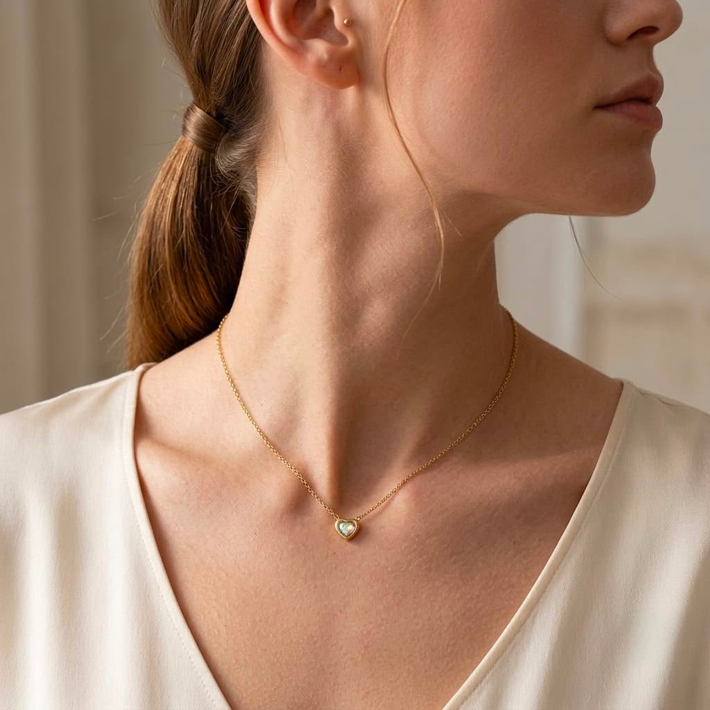 Collar en acero gold dije corazón cristal tornasol