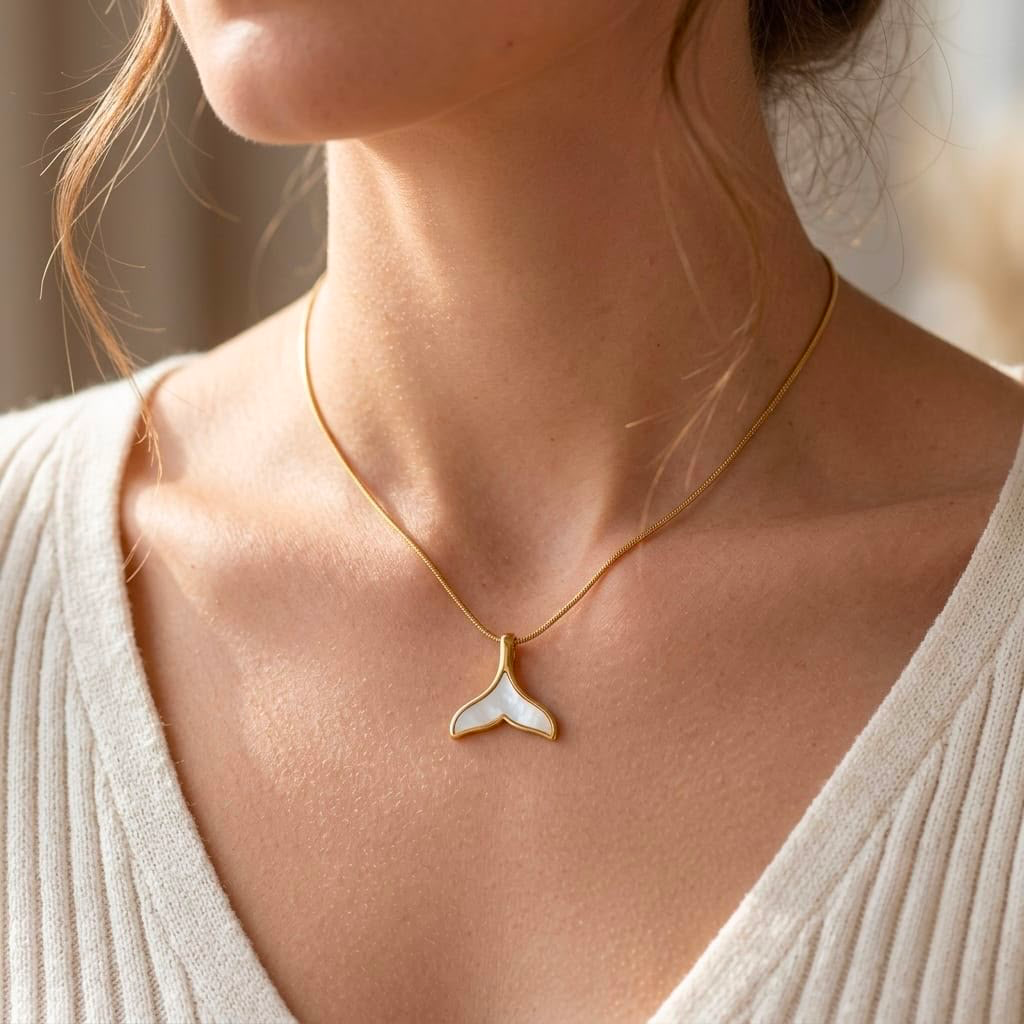 Collar en acero gold dije colita sirena nácar