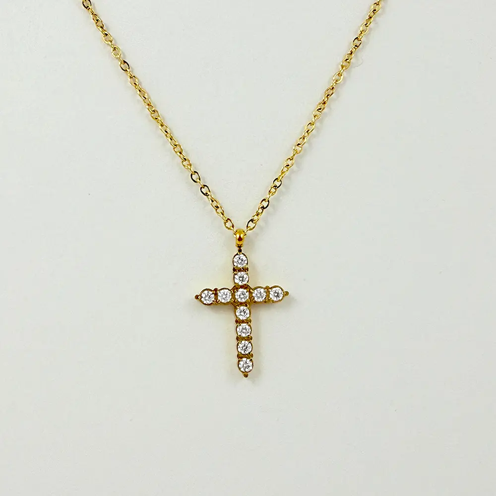 *COLLAR EN ACERO GOLD DIJE CRUZ CIRCONES BLANCOS