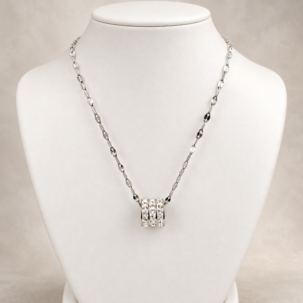 Collar en acero silver dije cilindro circones blancos
