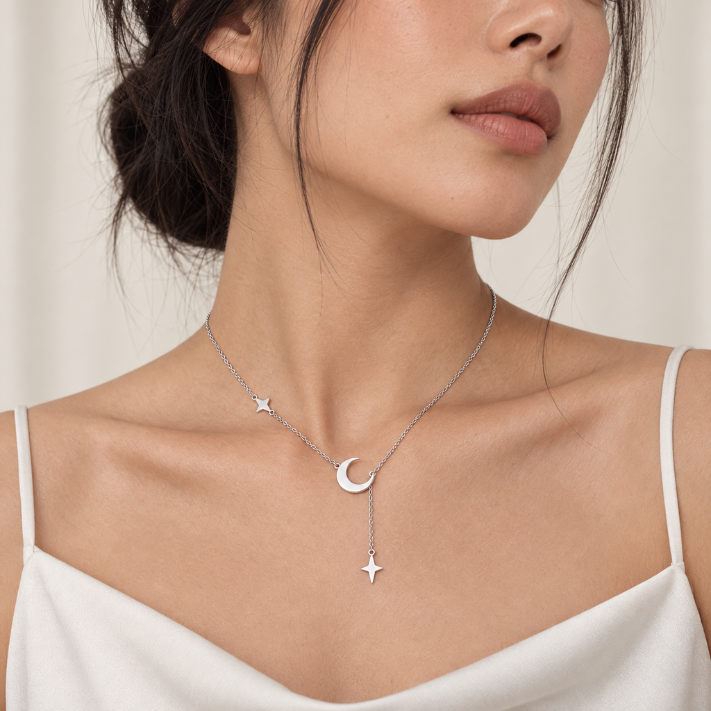 Collar en acero silver dije media luna estrellas