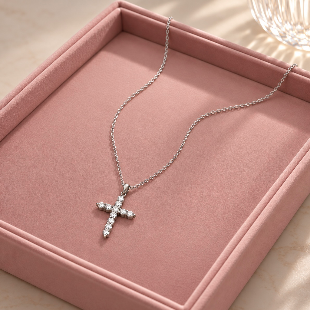 Collar en acero silver dije cruz circones blancos