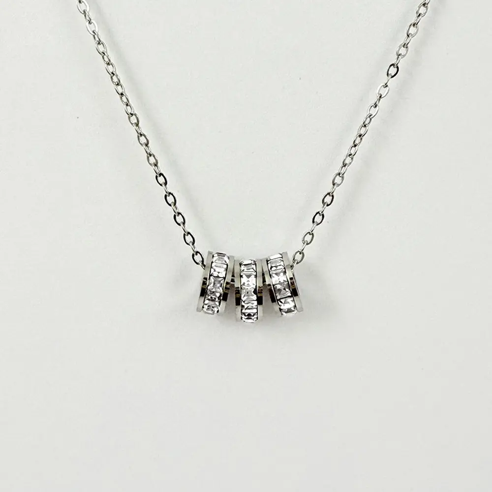 *COLLAR EN ACERO SILVER DIJE TRIPLE ARGOLLAS CRISTALES BAGUETTE