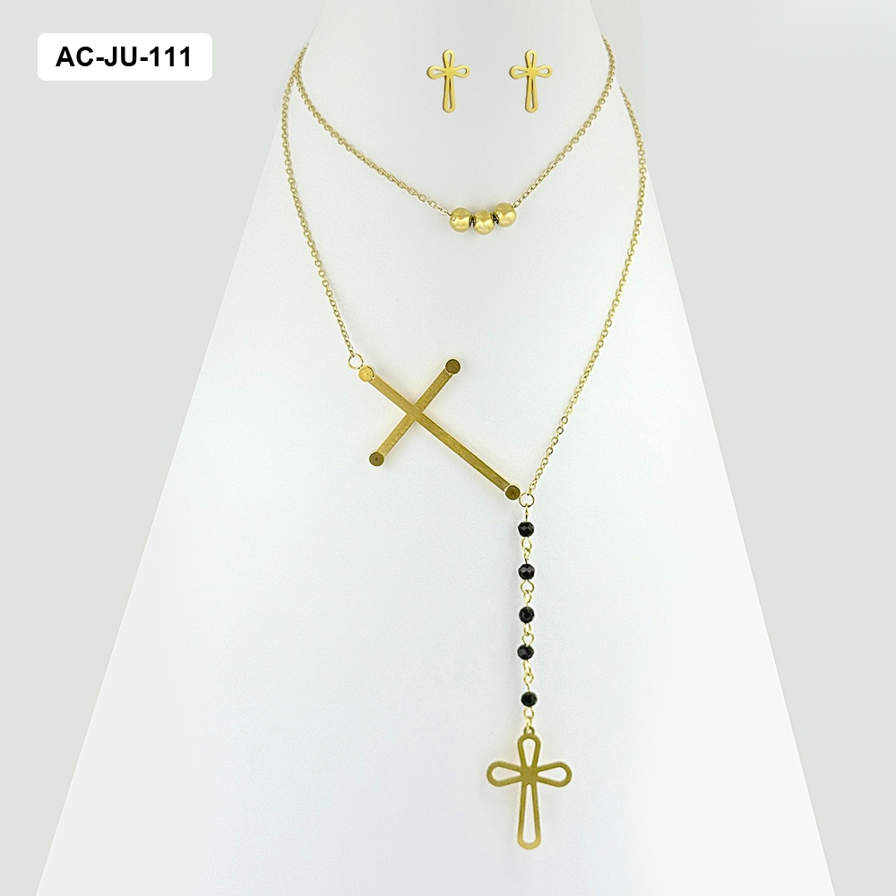 *JUEGO ACERO GOLD DOBLE CRUCES CRISTALES NEGROS