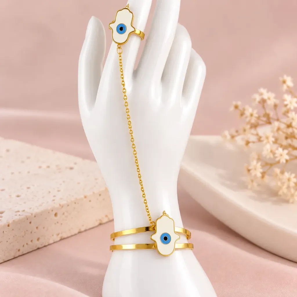 Pulsera en acero gold estilo egipcia brazalete + anillo manito ojito