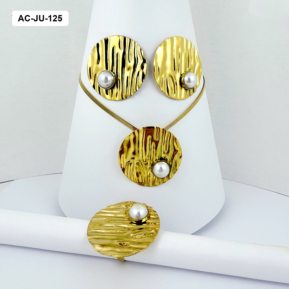 *JUEGO ACERO GOLD CON ANILLO CÍRCULO PERLA