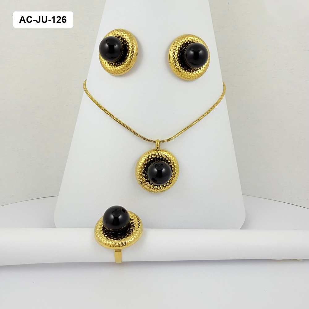 Juego acero gold con anillo piedra negra redonda