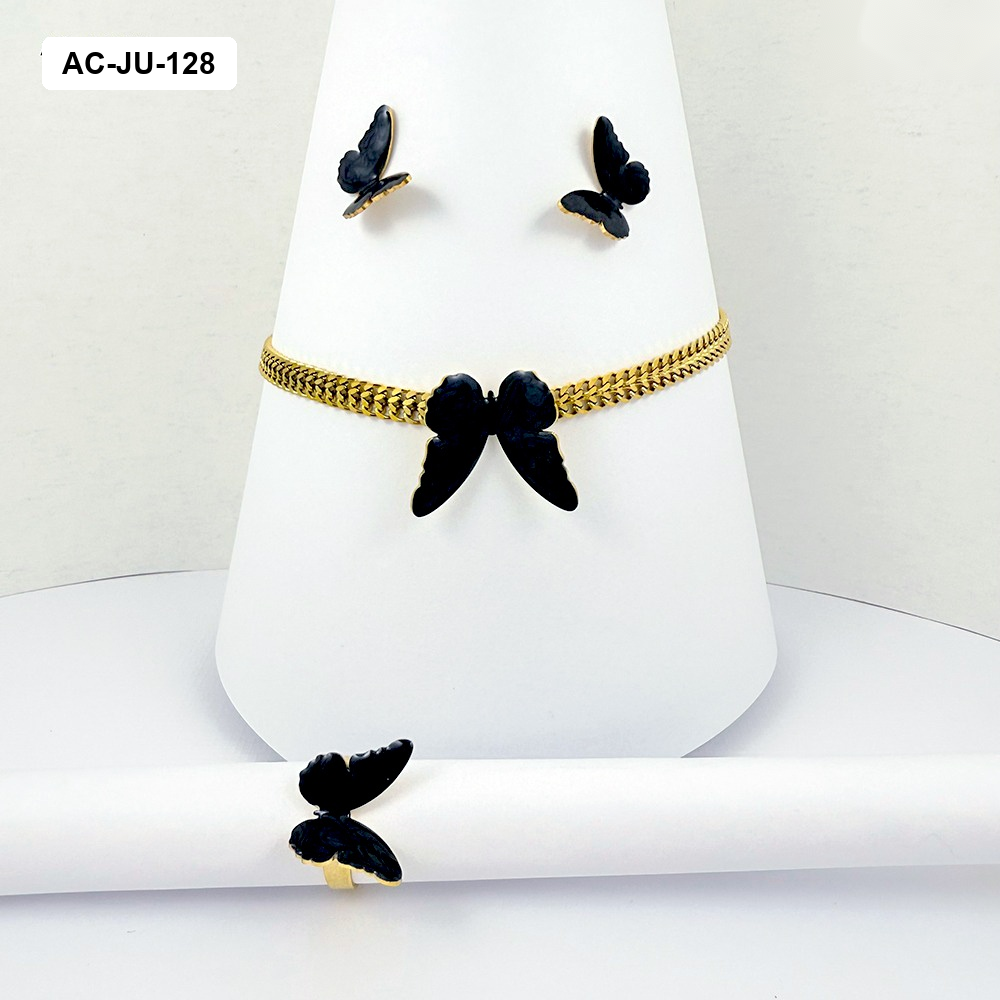 *JUEGO ACERO GOLD CON ANILLO MARIPOSA ESMALTADO NEGRO