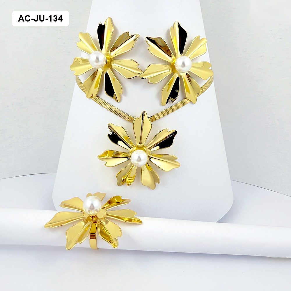 *JUEGO ACERO GOLD CON ANILLO MARGARITA PERLA