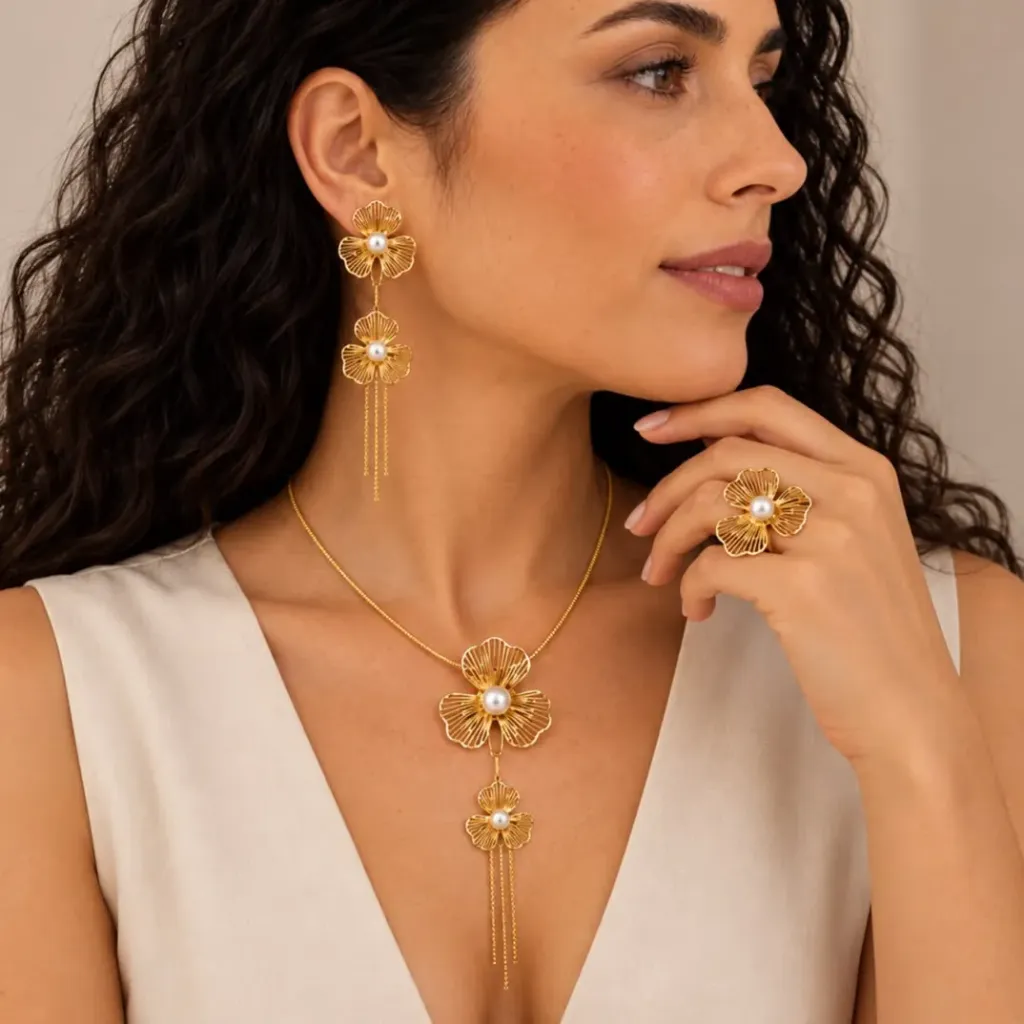 [AC-JU-138] Juego acero gold con anillo orquidea perla cadenitas