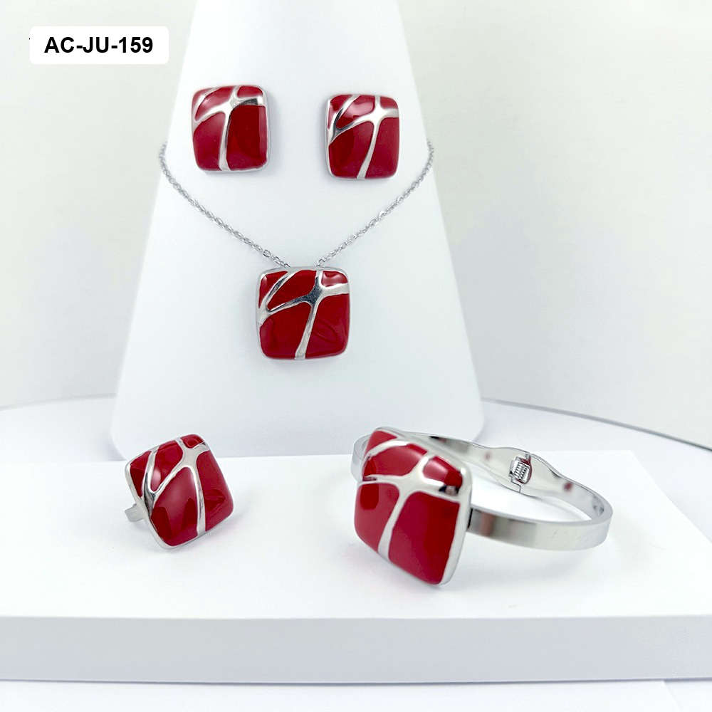Set acero completo silver cuadrado esmaltado rojo marmol