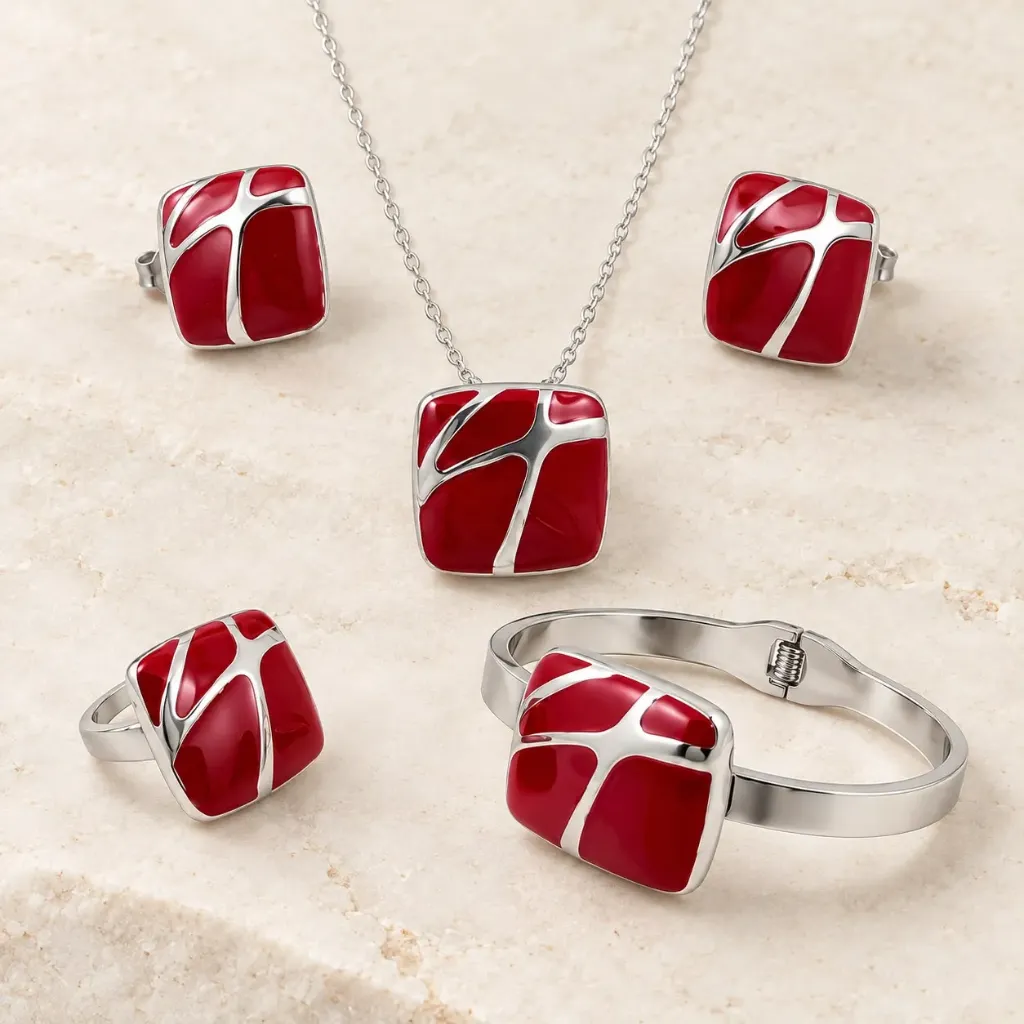 [AC-JU-159] Set acero completo silver cuadrado esmaltado rojo marmol