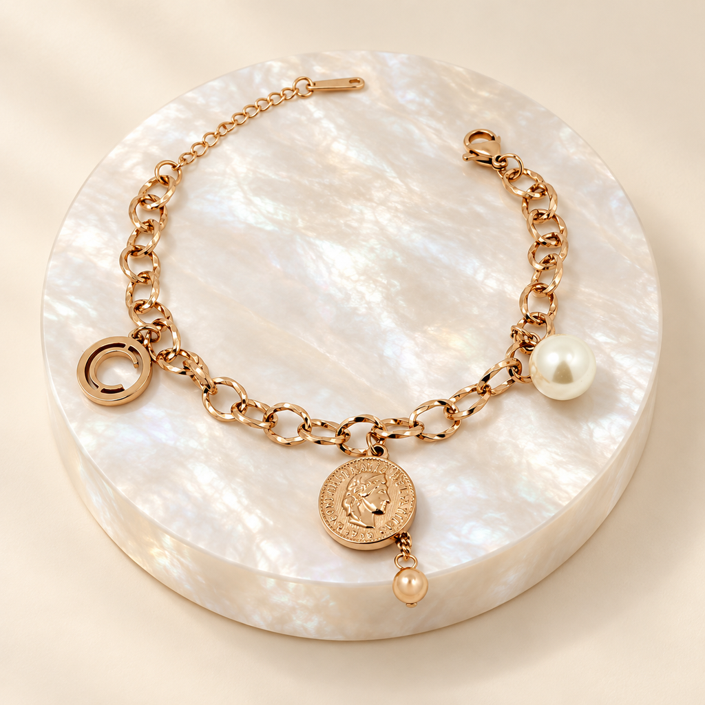 Pulsera en acero gold rose perla dije diosa