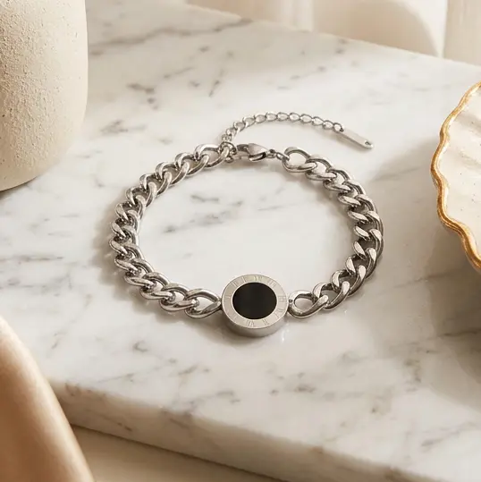 Pulsera en acero silver tejido cuba circulo nacar