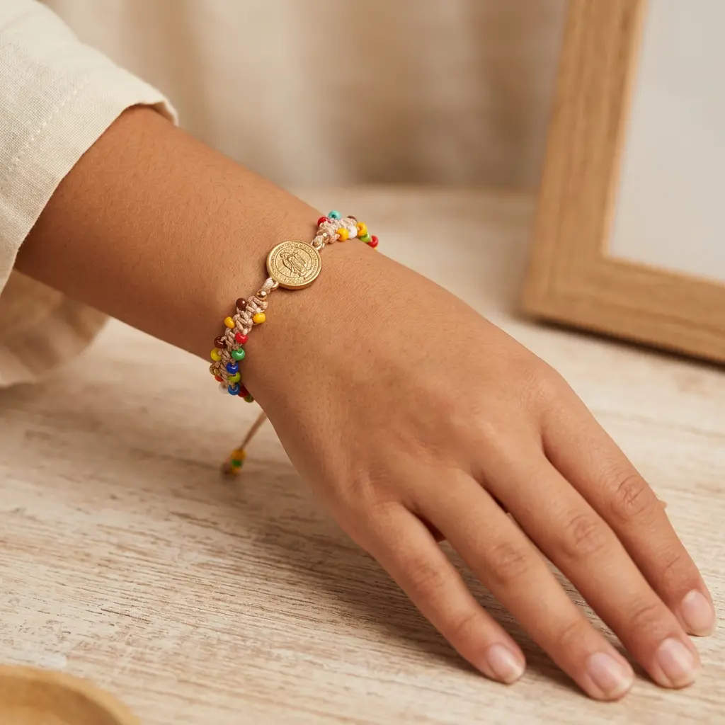 Pulsera artesanal ajustable mullos colores dije en Acero Medalla