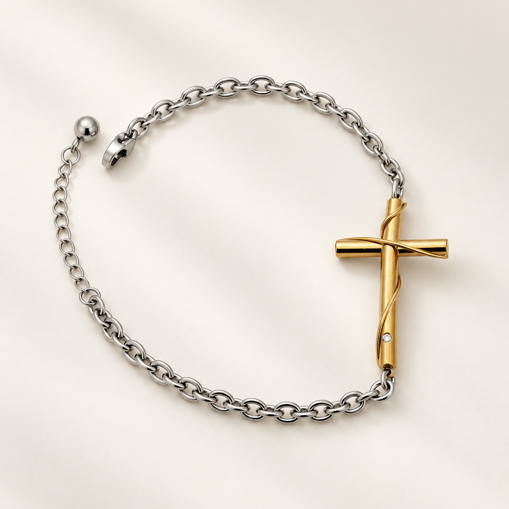 PULSERA EN ACERO SILVER DIJE CRUZ GOLD ROSE
