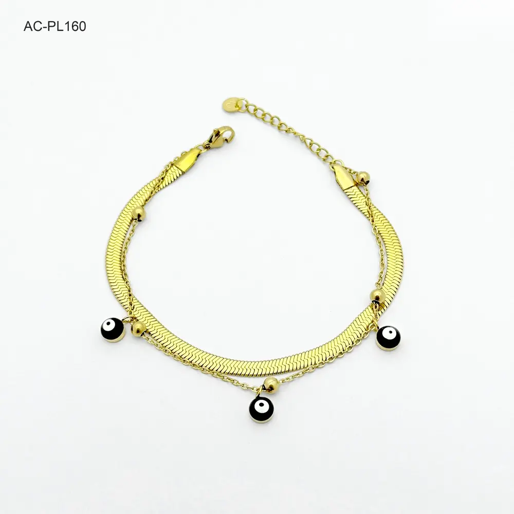*PULSERA EN ACERO GOLD DOBLE OJITOS NEGROS