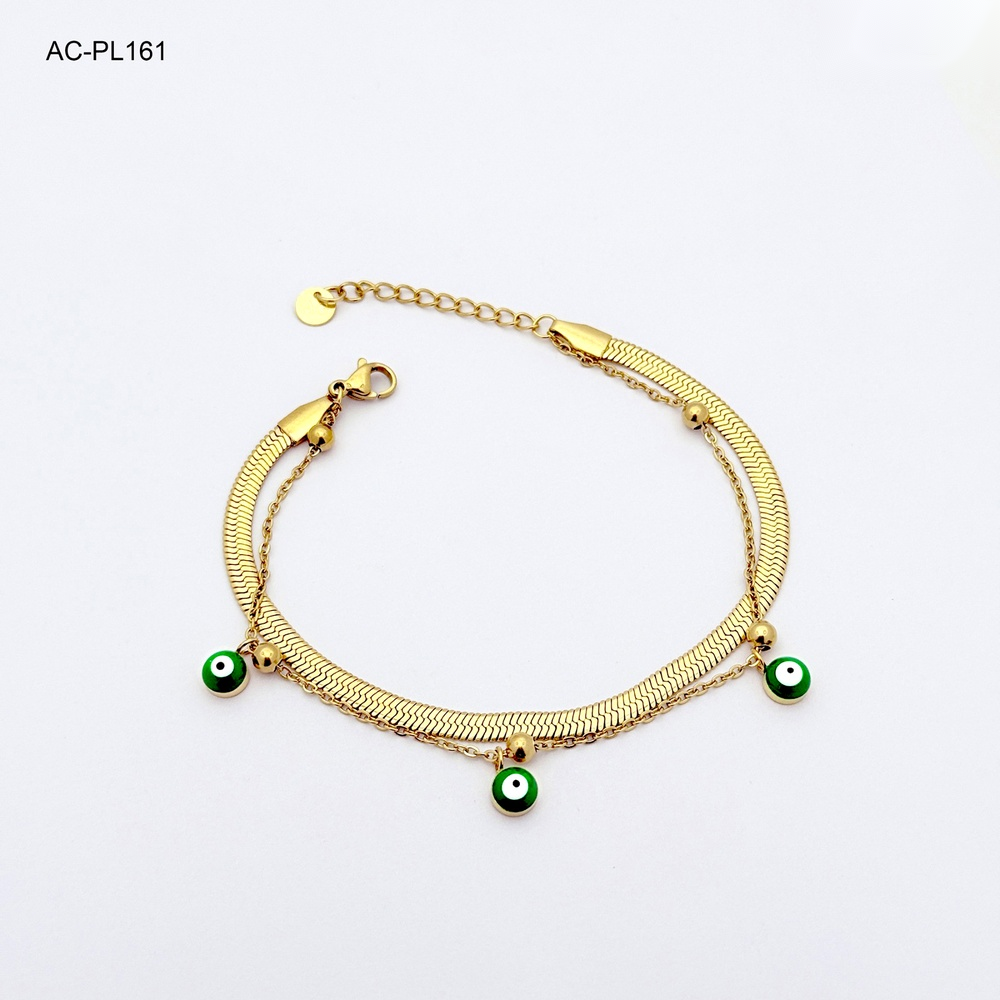 *PULSERA EN ACERO GOLD DOBLE OJITOS VERDES