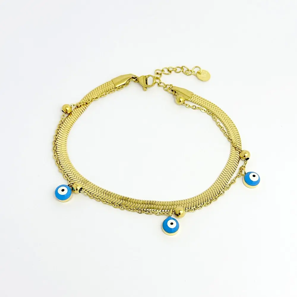 *PULSERA EN ACERO GOLD DOBLE OJITOS AZULES
