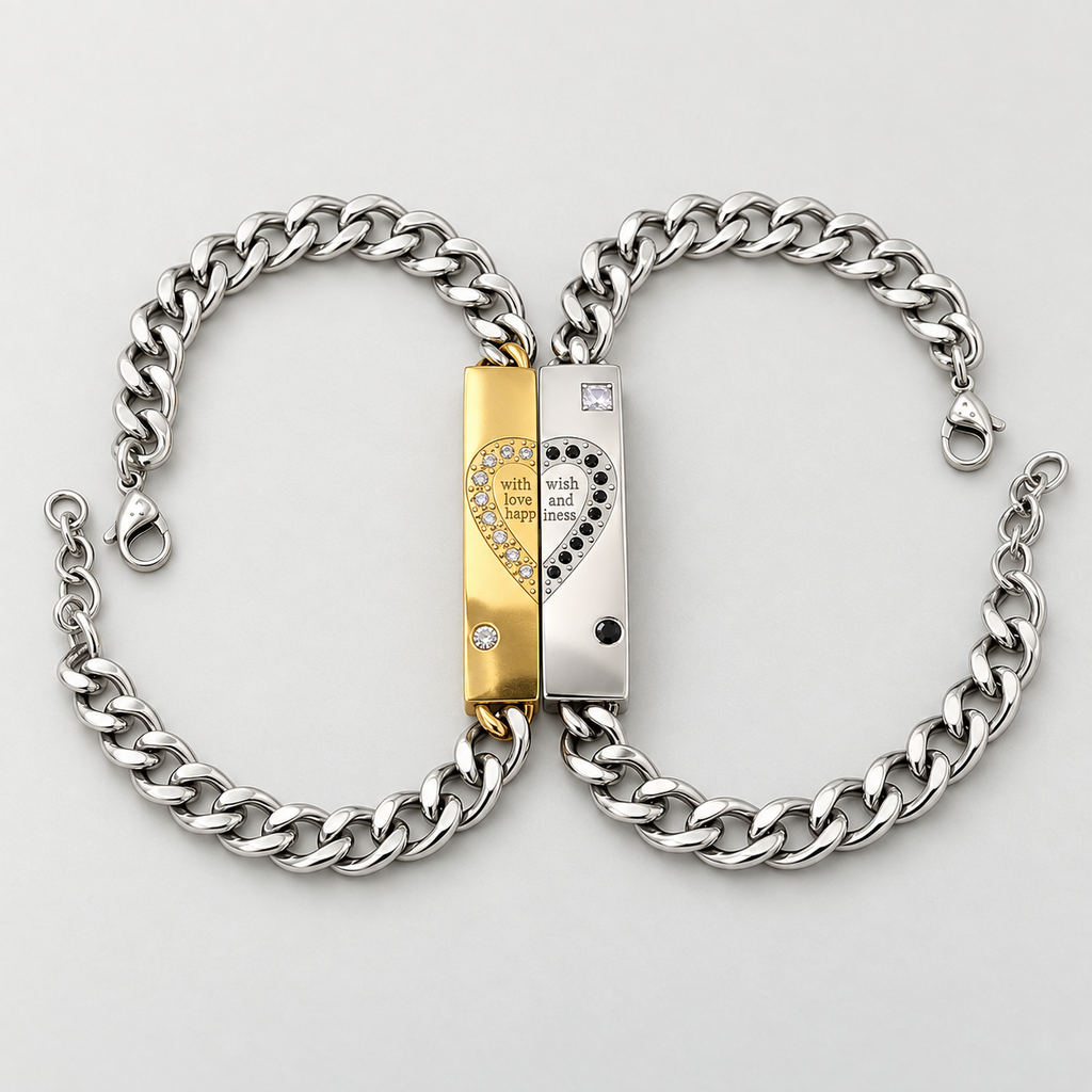 Pulsera en acero silver esclavas pareja mitad corazon
