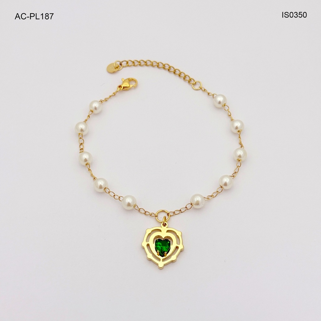PULSERA EN ACERO GOLD CORAZON CRISTAL VERDE
