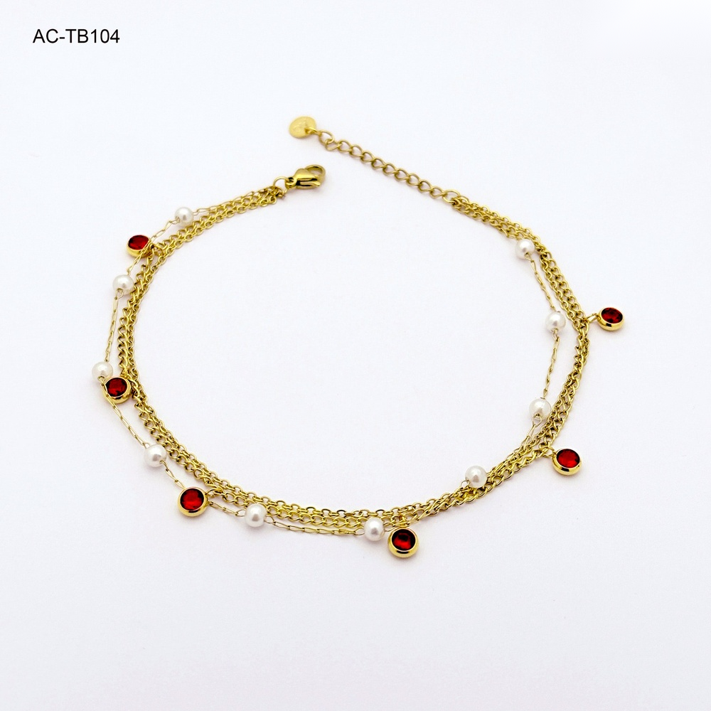 Tobillera en acero gold triple perlas / cristal rojo