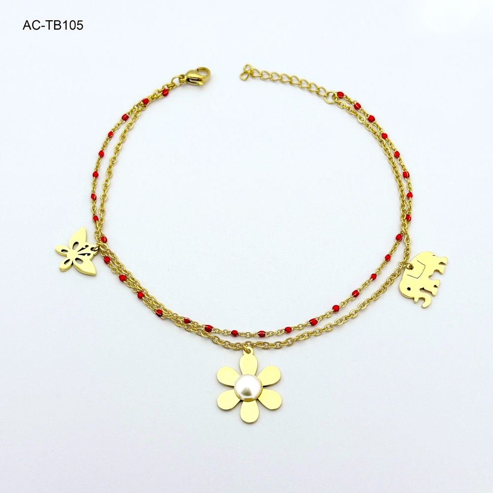 Tobillera en acero gold doble piedras rojas figuras
