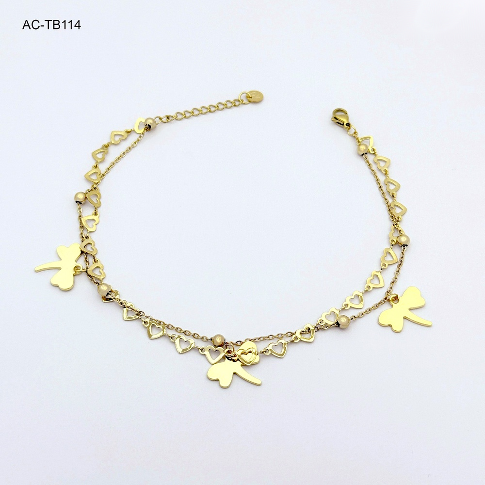 Tobillera en acero gold doble corazones libélula