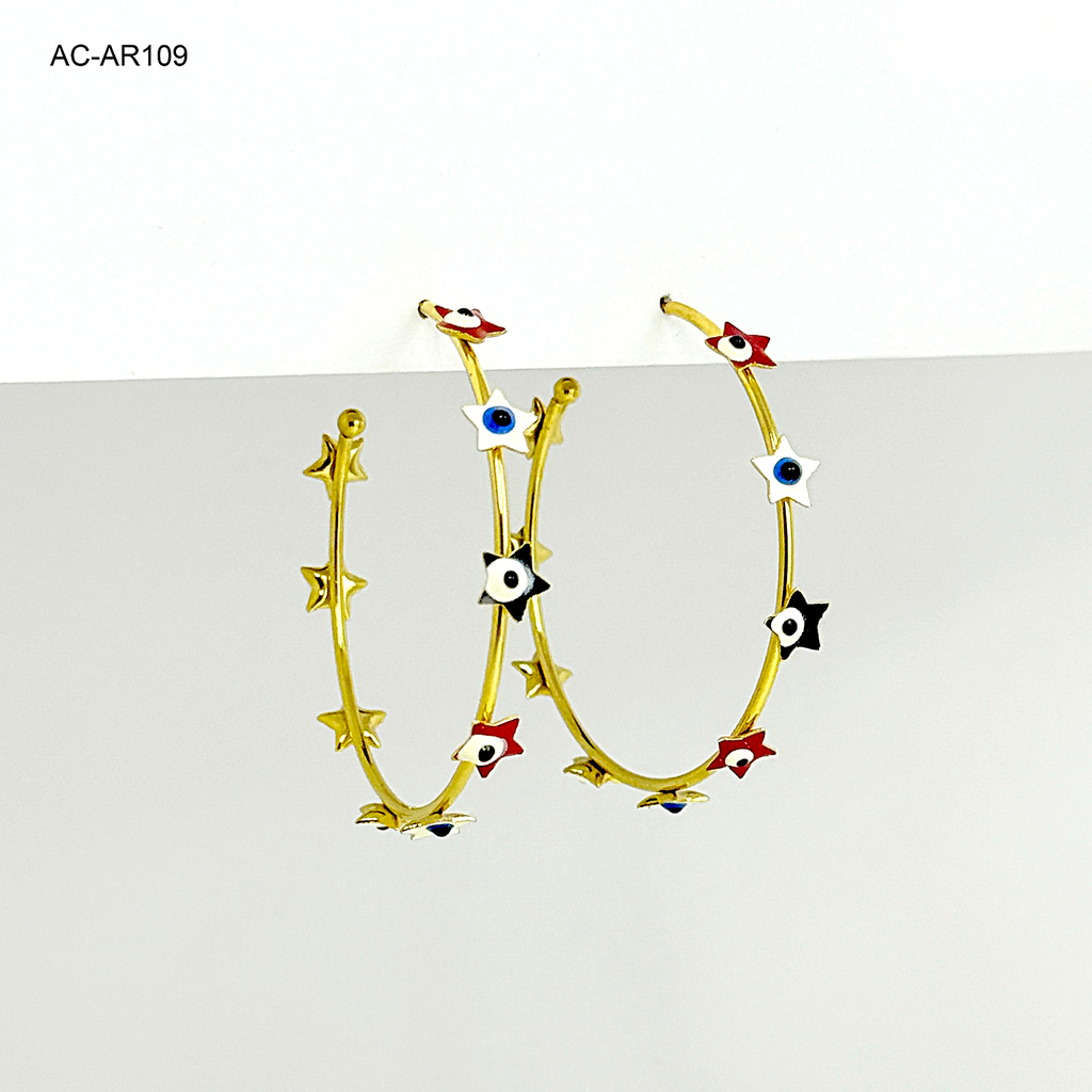 Argolla  gold estrellas ojos colores 5cm acero