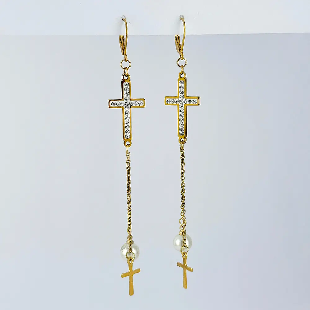 Arete largo gold sistema gancho cruces perla acero